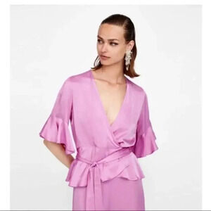 Zara Woman Lilac Satin Wrap Blouse Bell Sleeve Bloggers Fave Top Size XS